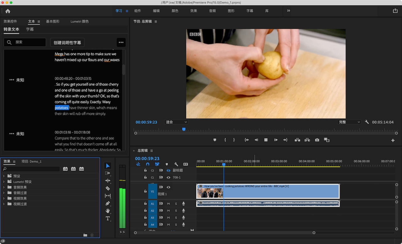 Premiere Pro:转录文本